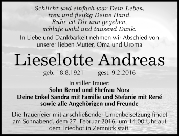 Traueranzeige von Lieselotte Andreas von Mitteldeutsche Zeitung Wittenberg