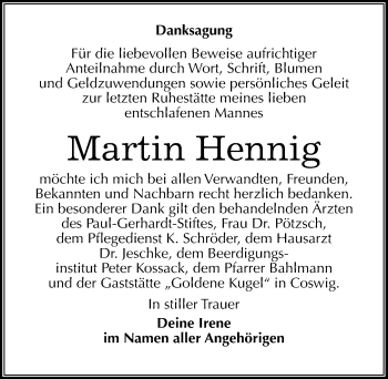 Traueranzeige von Martin Hennig von Mitteldeutsche Zeitung Wittenberg