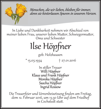Traueranzeige von Ilse Höpfner von Mitteldeutsche Zeitung Aschersleben