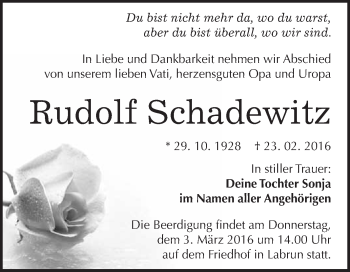 Traueranzeige von Rudolf Schadewitz von WVG - Wochenspiegel Wittenberg