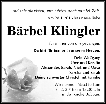 Traueranzeige von Bärbel Klingler von Mitteldeutsche Zeitung Bitterfeld