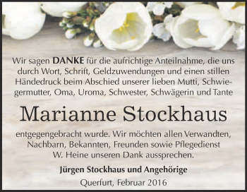 Traueranzeige von Marianne Stockhaus von WVG - Wochenspiegel Merseburg