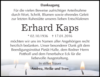 Traueranzeige von Erhard Kaps von WVG - Wochenspiegel Halle