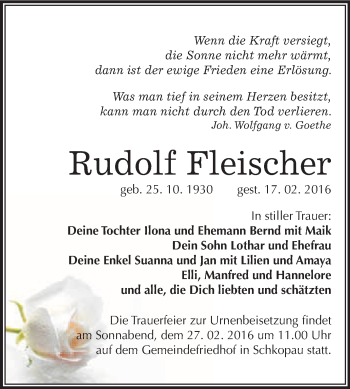 Traueranzeige von Rudolf Fleischer von WVG - Wochenspiegel Merseburg