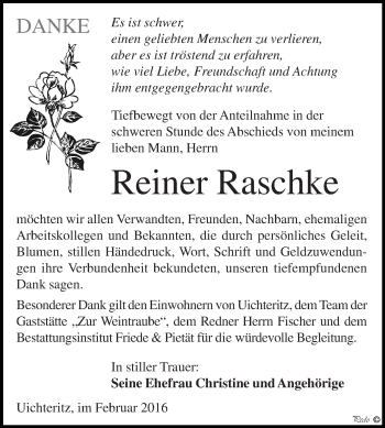 Traueranzeige von Reiner Raschke von WVG - Wochenspiegel NMB / WSF / ZTZ