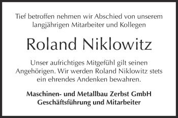 Traueranzeige von Roland Niklowitz von WVG - Wochenspiegel Dessau / Köthen