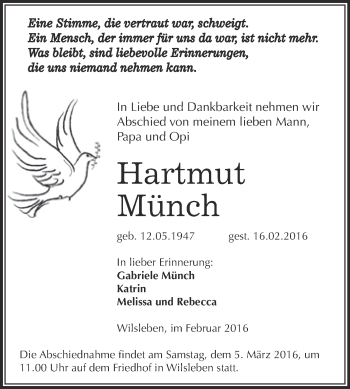 Traueranzeige von Hartmut Münch von Super Sonntag Aschersleben