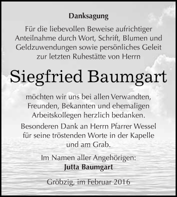 Traueranzeige von Siegfried Baumgart von WVG - Wochenspiegel Dessau / Köthen