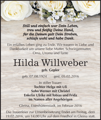 Traueranzeige von Hilda Willweber von Mitteldeutsche Zeitung Naumburg/Nebra