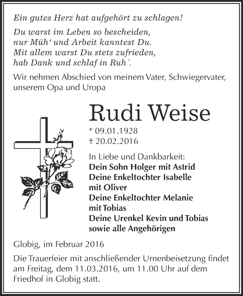  Traueranzeige für Rudi Weise vom 27.02.2016 aus WVG - Wochenspiegel Wittenberg