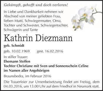 Traueranzeige von Kathrin Diezmann von WVG - Wochenspiegel Merseburg