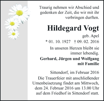 Traueranzeige von Hildegard Vogt von Mitteldeutsche Zeitung Sangerhausen