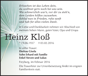 Traueranzeige von Heinz Kloß von Mitteldeutsche Zeitung Naumburg/Nebra