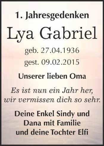 Traueranzeige von Lya Gabriel von WVG - Wochenspiegel Merseburg