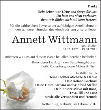 Traueranzeige von Annett Wittmann von Mitteldeutsche Zeitung Zeitz