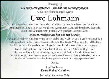 Traueranzeige von Uwe Lohmann von WVG - Wochenspiegel Dessau / Köthen