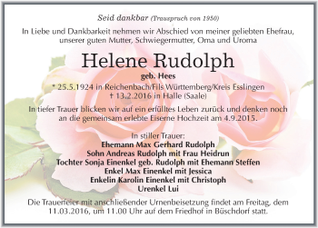 Traueranzeige von Helene Rudolph von Mitteldeutsche Zeitung Halle/Saalkreis