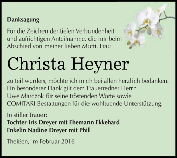 Traueranzeige von Christa Heyner von Super Sonntag Zeitz