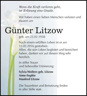 Traueranzeige von Günter Litzow von WVG - Wochenspiegel Dessau / Köthen