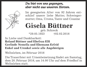 Traueranzeige von Gisela Büttner von Super Sonntag SGH Mansf. Land
