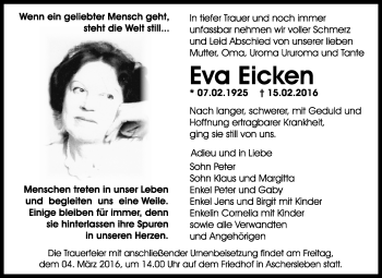 Traueranzeige von Eva Eicken von WVG - Wochenspiegel Quedlinburg