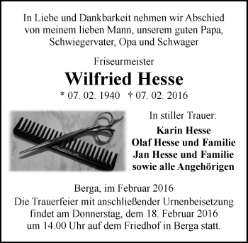 Traueranzeige von Wilfried Hesse von Mitteldeutsche Zeitung Sangerhausen
