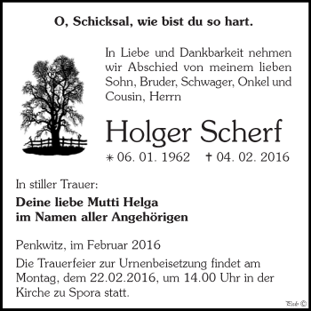 Traueranzeige von Holger Scherf von Super Sonntag Zeitz