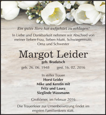 Traueranzeige von Margot Leider von Mitteldeutsche Zeitung Mansfelder Land