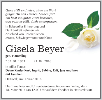 Traueranzeige von Gisela Beyer von Mitteldeutsche Zeitung Mansfelder Land