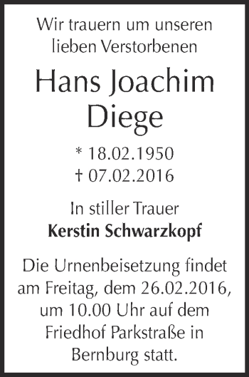 Traueranzeige von Hans Joachim Diege von Super Sonntag Bernburg