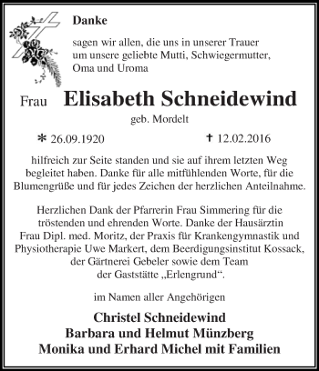 Traueranzeige von Elisabeth Schneidewind von WVG - Wochenspiegel Dessau / Köthen