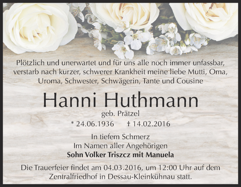  Traueranzeige für Hanni Huthmann vom 27.02.2016 aus WVG - Wochenspiegel Dessau / Köthen