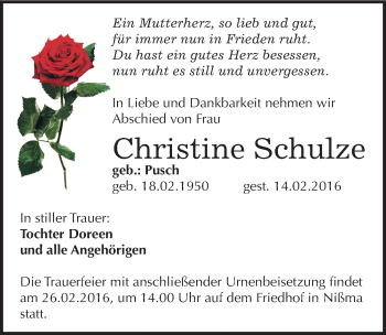 Traueranzeige von Christine Schulze von Mitteldeutsche Zeitung Zeitz