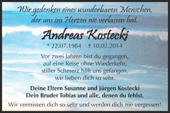 Traueranzeige von Andreas Kostecki von WVG - Wochenspiegel Dessau / Köthen