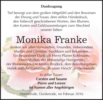 Traueranzeige von Monika Franke von Mitteldeutsche Zeitung Quedlinburg