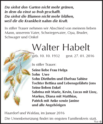Traueranzeige von Walter Habelt von Mitteldeutsche Zeitung Zeitz