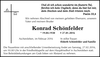 Traueranzeige von Konrad Schönfelder von Mitteldeutsche Zeitung Aschersleben