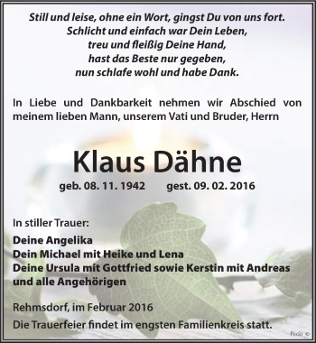 Traueranzeige von Klaus Dähne von Mitteldeutsche Zeitung Zeitz