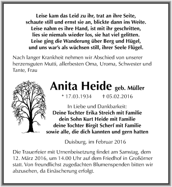Traueranzeige von Anita Heide von Mitteldeutsche Zeitung Mansfelder Land