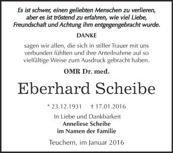 Traueranzeige von Eberhard Scheibe von WVG - Wochenspiegel NMB / WSF / ZTZ