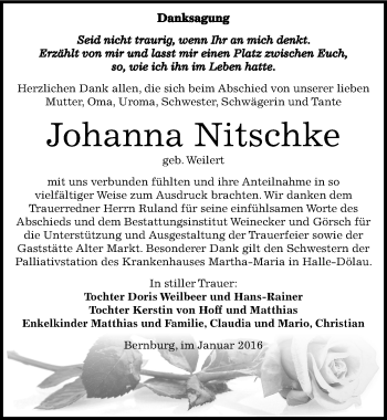 Traueranzeige von Johanna Nitschke von Mitteldeutsche Zeitung Bernburg