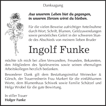 Traueranzeige von Ingolf Funke von Super Sonntag Bernburg