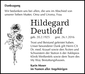 Traueranzeige von Hildegard Deutloff von Mitteldeutsche Zeitung Weißenfels
