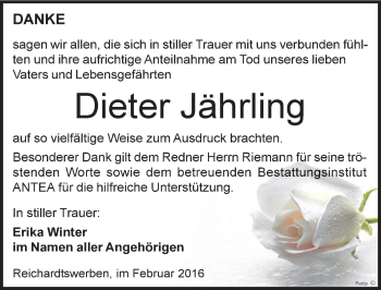 Traueranzeige von Dieter Jährling von Mitteldeutsche Zeitung Weißenfels