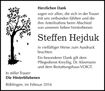 Traueranzeige von Steffen Hejduk von Mitteldeutsche Zeitung Mansfelder Land