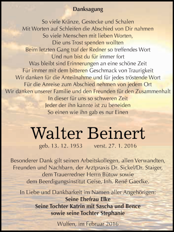 Traueranzeige von Walter Beinert von WVG - Wochenspiegel Dessau / Köthen
