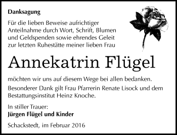 Traueranzeige von Annekatrin Flügel von Mitteldeutsche Zeitung Bernburg