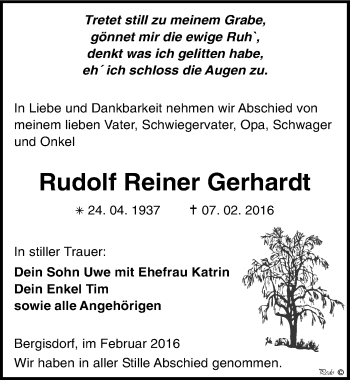 Traueranzeige von Rudolf Reiner Gerhardt von Mitteldeutsche Zeitung Zeitz