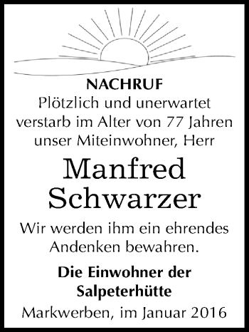 Traueranzeige von Manfred Schwarzer von Mitteldeutsche Zeitung Weißenfels