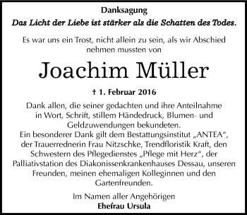 Traueranzeige von Joachim Müller von Mitteldeutsche Zeitung Dessau-Roßlau